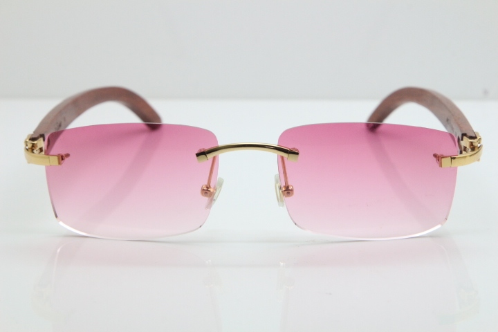 Cartier Rimless 8200757 SunGlasses Original Carved Wood Sunglasses in Gold Pink Lens