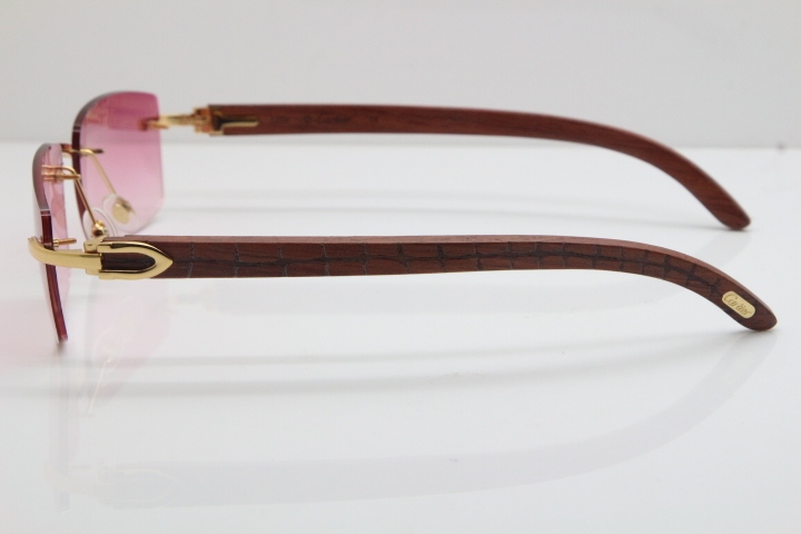 Cartier Rimless 8200757 SunGlasses Original Carved Wood Sunglasses in Gold Pink Lens