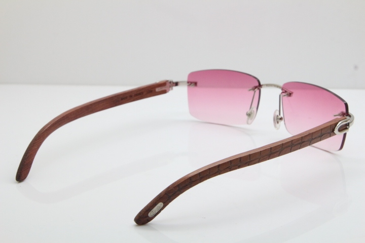 Cartier Rimless 8200757 SunGlasses Original Carved Wood Sunglasses in Gold Pink Lens