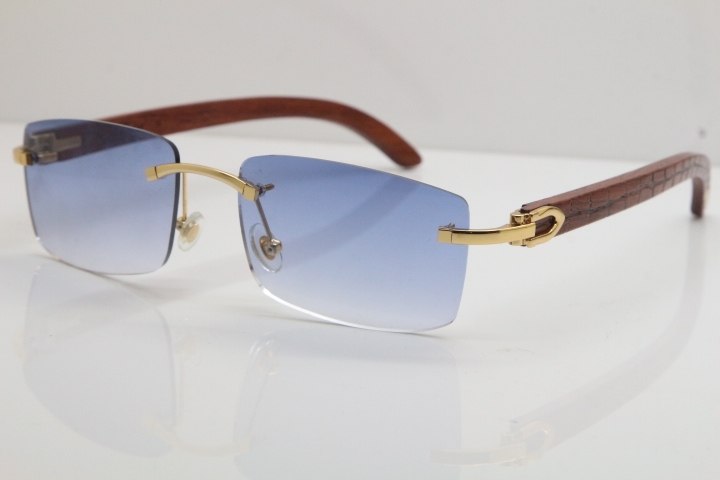 Cartier Rimless 8200757 SunGlasses Original Carved Wood Sunglasses in Gold Blue Lens