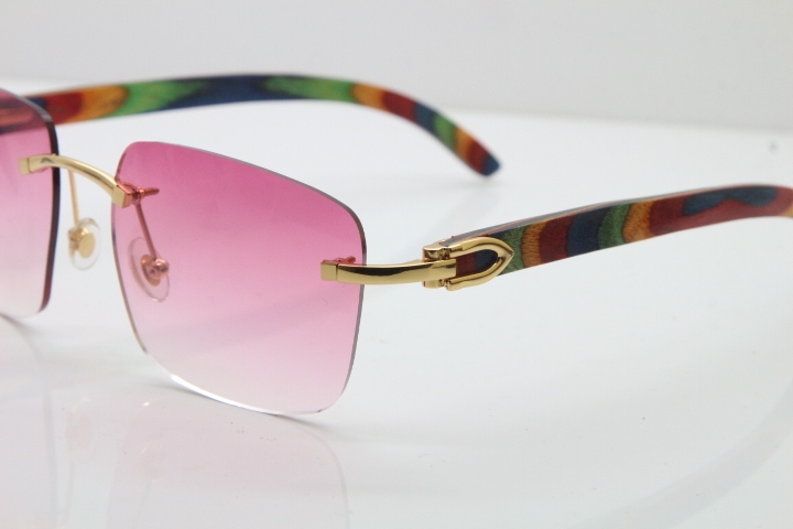 Cartier Rimless Original Peacock Wood T8300816 Sunglasses in Gold Pink Lens Hot