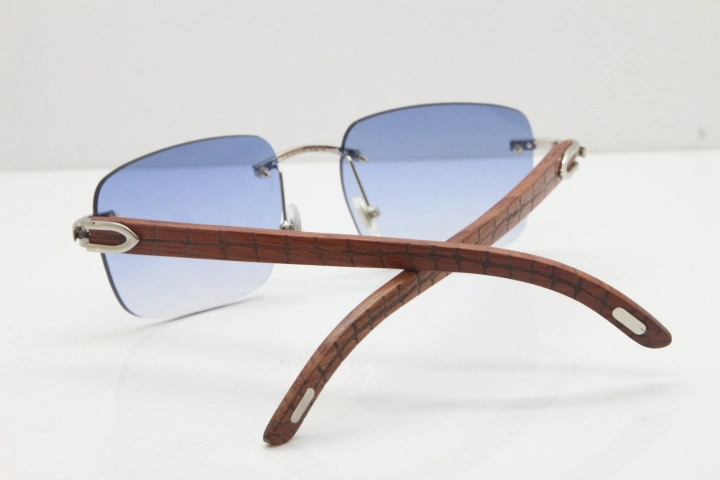 Cartier Rimless Original Carved Wood T8300816 Sunglasses in Gold Blue Lens Hot