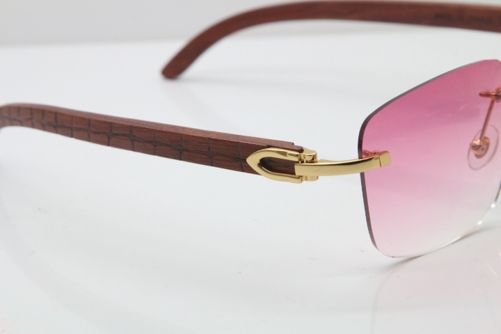 Cartier Rimless Original Carved Wood T8300816 Sunglasses in Gold Pink Lens Hot