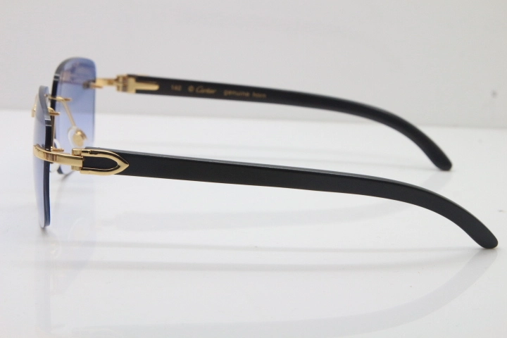 Cartier Rimless Original Black Buffalo Horn T8300816 Sunglasses in Gold Blue Lens Hot