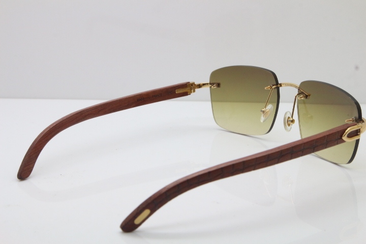 Cartier Rimless Original Carved Wood T8300816 Sunglasses in Gold Brown Lens Hot