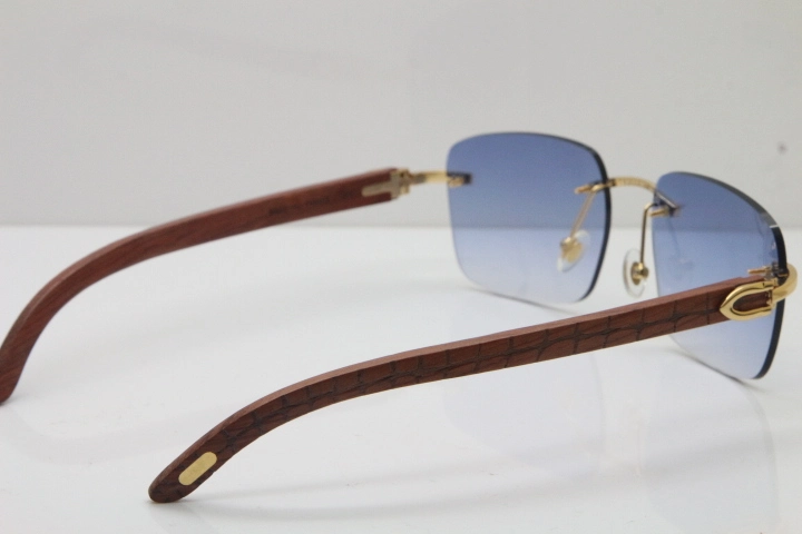 Cartier Rimless Original Carved Wood T8300816 Sunglasses in Gold Blue Lens Hot