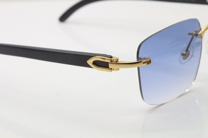 Cartier Rimless Original Black Buffalo Horn T8300816 Sunglasses in Gold Blue Lens Hot