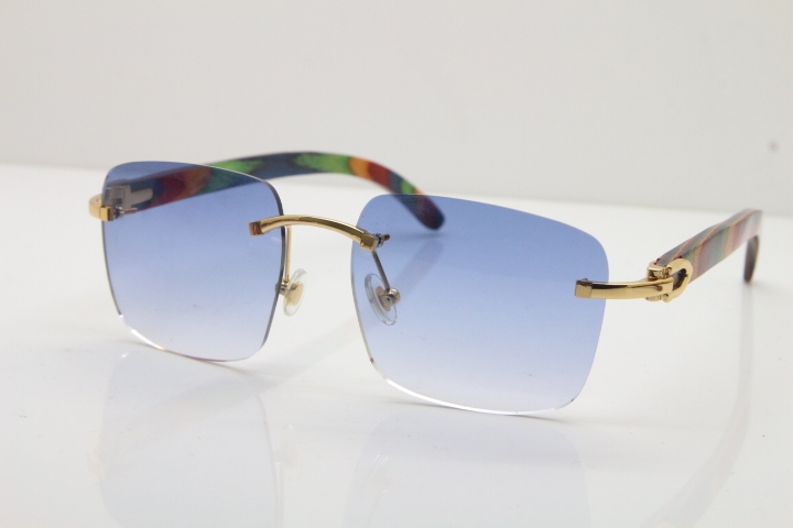 Cartier Rimless Original Peacock Wood T8300816 Sunglasses in Gold Blue Lens Ho