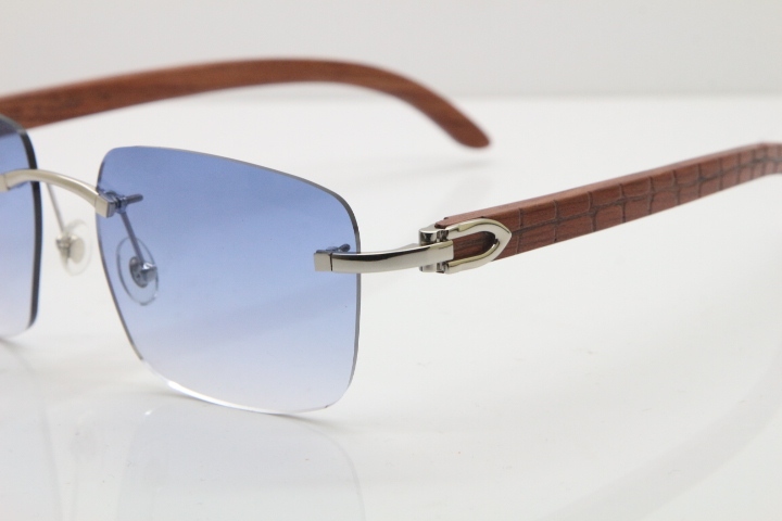 Cartier Rimless Original Carved Wood T8300816 Sunglasses in Gold Blue Lens Hot