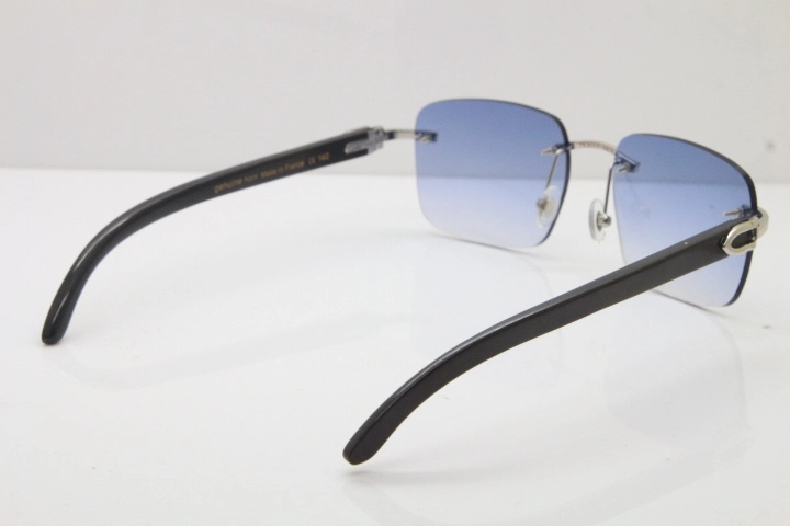 Cartier Rimless Original Black Buffalo Horn T8300816 Sunglasses in Gold Blue Lens Hot