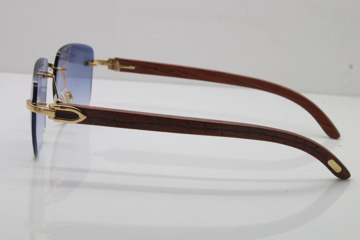 Cartier Rimless Original Carved Wood T8300816 Sunglasses in Gold Blue Lens Hot