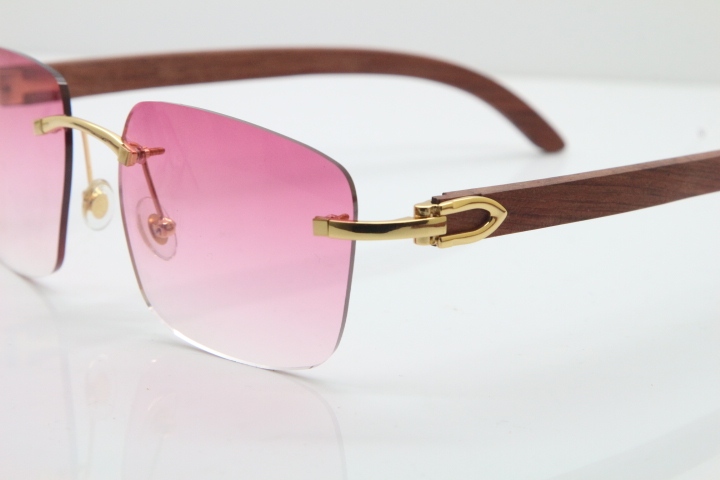 Cartier Rimless Original Wood T8300816 Sunglasses in Gold Pink Lens Hot