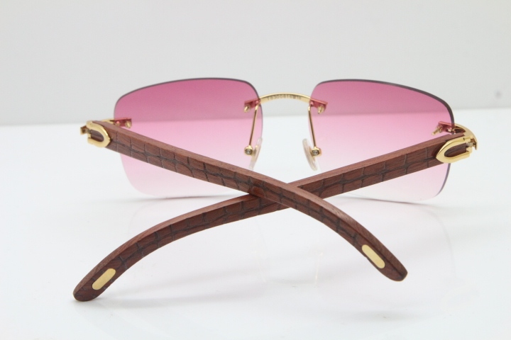 Cartier Rimless Original Carved Wood T8300816 Sunglasses in Gold Pink Lens Hot