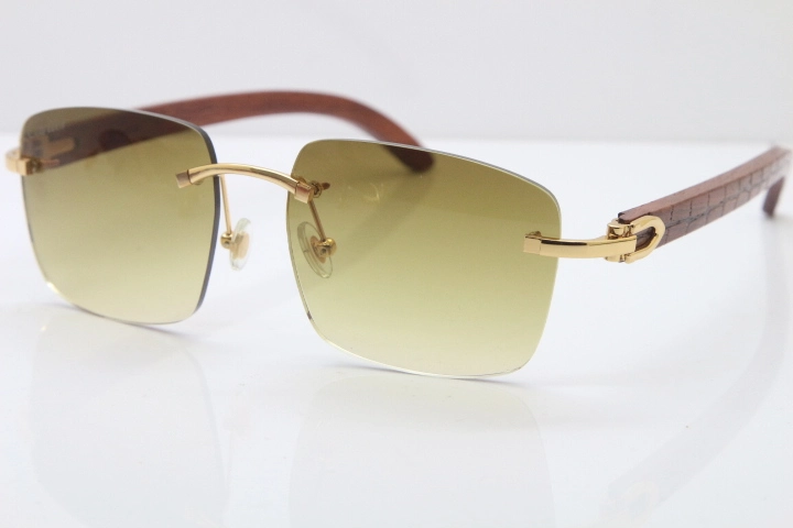 Cartier Rimless Original Carved Wood T8300816 Sunglasses in Gold Brown Lens Hot