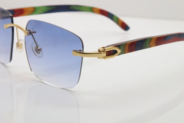 Cartier Rimless Original Peacock Wood T8300816 Sunglasses in Gold Blue Lens Ho