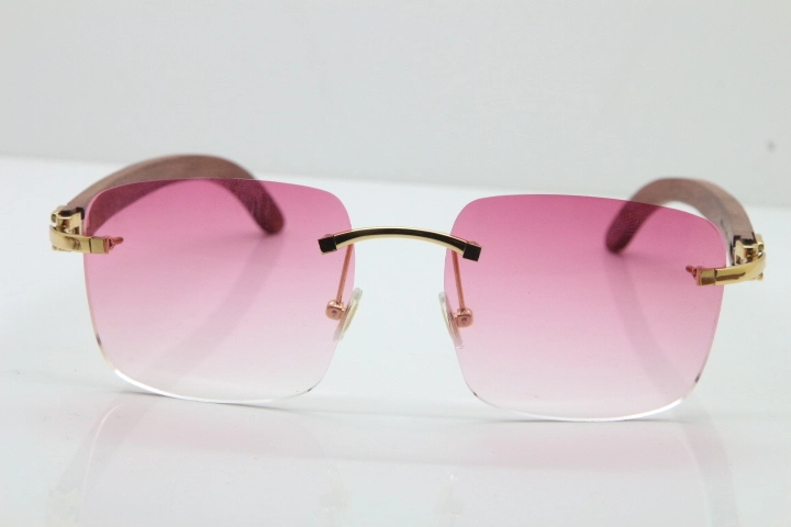 Cartier Rimless Original Wood T8300816 Sunglasses in Gold Pink Lens Hot