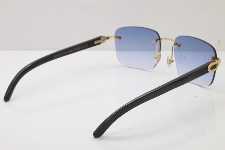 Cartier Rimless Original Black Buffalo Horn T8300816 Sunglasses in Gold Blue Lens Hot