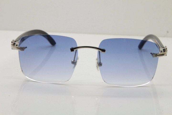 Cartier Rimless Original White Inside Black Buffalo Horn T8300816 Sunglasses in Gold Blue Lens Hot