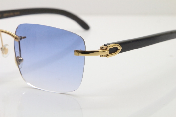 Cartier Rimless Original Black Buffalo Horn T8300816 Sunglasses in Gold Blue Lens Hot