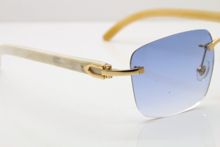 Cartier Rimless Original White Genuine Natural Horn T8300816 Sunglasses in Gold Blue Lens Hot