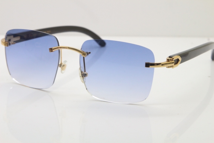 Cartier Rimless Original Black Buffalo Horn T8300816 Sunglasses in Gold Blue Lens Hot