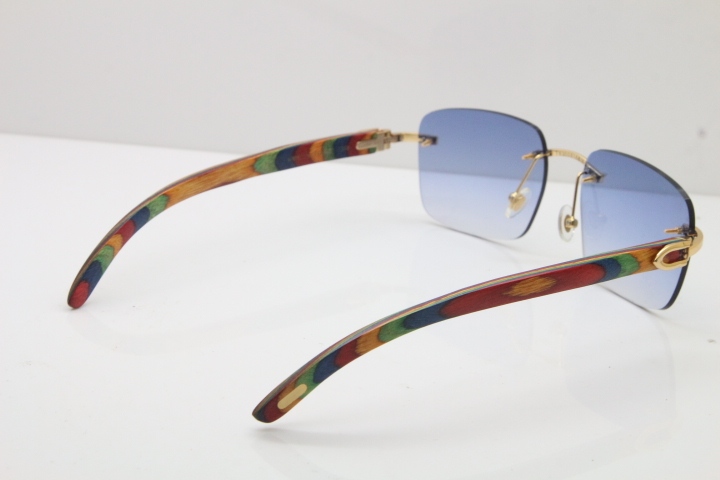 Cartier Rimless Original Peacock Wood T8300816 Sunglasses in Gold Blue Lens Ho