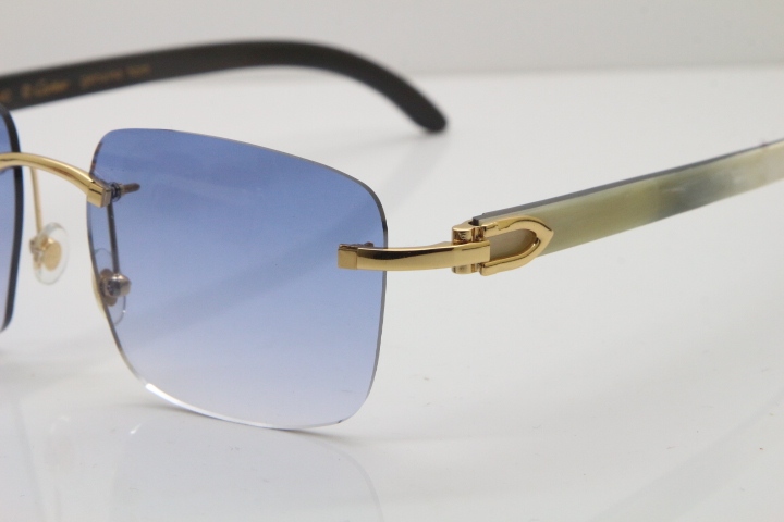 Cartier Rimless Original White Inside Black Buffalo Horn T8300816 Sunglasses in Gold Blue Lens Hot