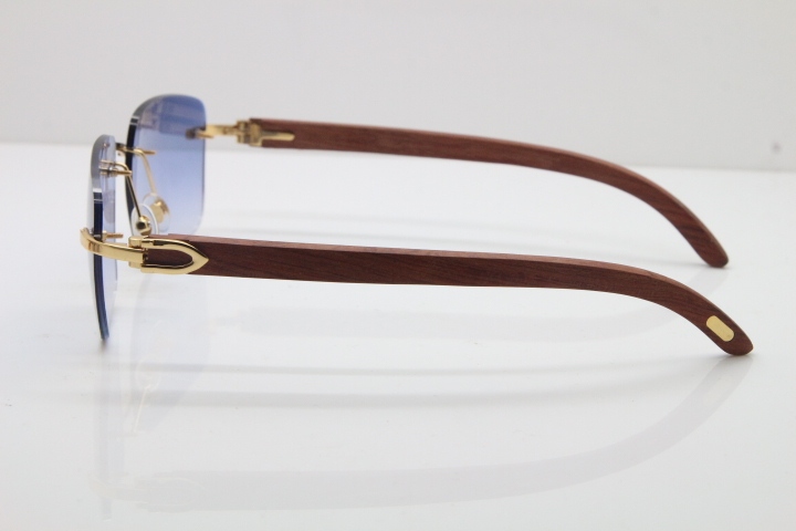 Cartier Rimless Original Wood T8300816 Sunglasses in Gold Blue Lens Hot