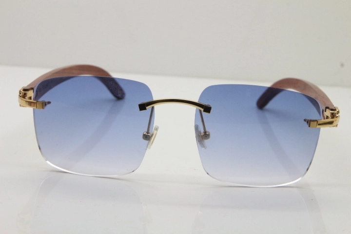 Cartier Rimless Original Carved Wood T8300816 Sunglasses in Gold Blue Lens Hot