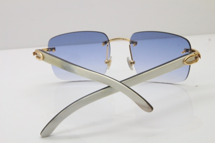 Cartier Rimless Original White Inside Black Buffalo Horn T8300816 Sunglasses in Gold Blue Lens Hot
