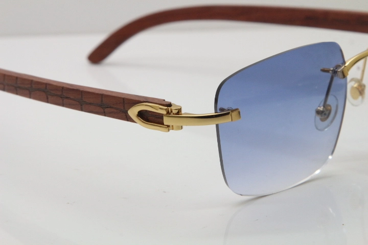 Cartier Rimless Original Carved Wood T8300816 Sunglasses in Gold Blue Lens Hot