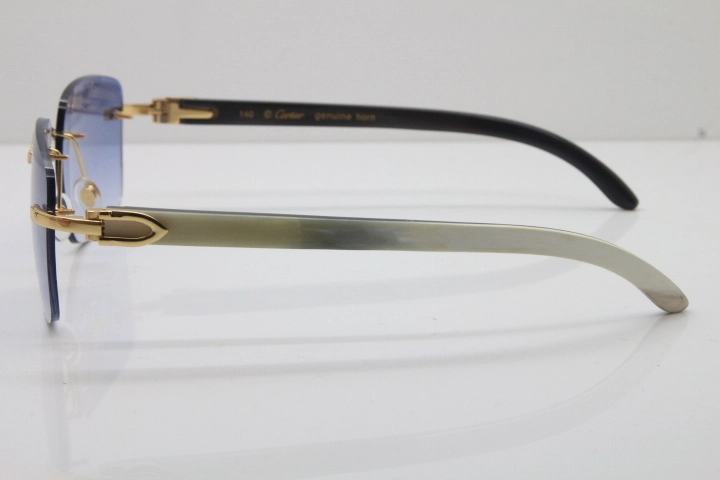 Cartier Rimless Original White Inside Black Buffalo Horn T8300816 Sunglasses in Gold Blue Lens Hot