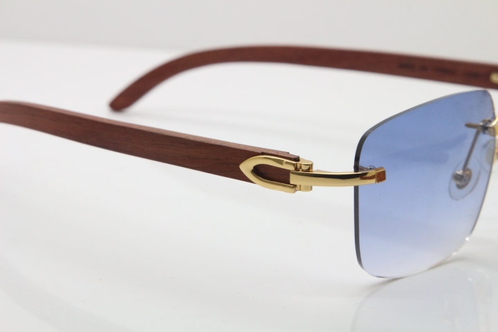 Cartier Rimless Original Wood T8300816 Sunglasses in Gold Blue Lens Hot