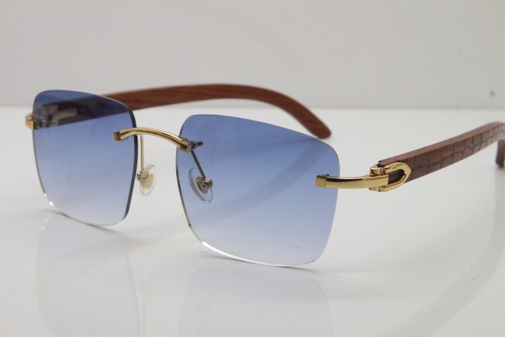 Cartier Rimless Original Carved Wood T8300816 Sunglasses in Gold Blue Lens Hot