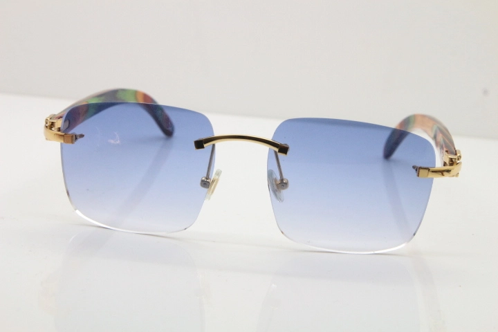 Cartier Rimless Original Peacock Wood T8300816 Sunglasses in Gold Blue Lens Ho