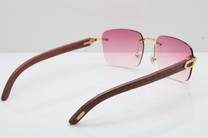 Cartier Rimless Original Carved Wood T8300816 Sunglasses in Gold Pink Lens Hot