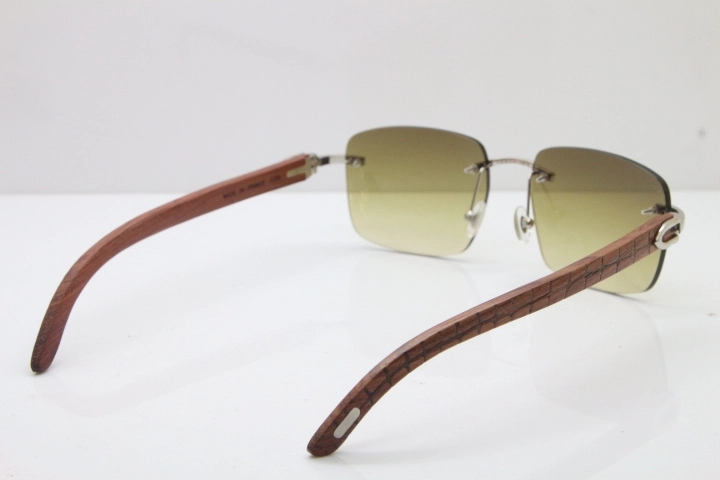 Cartier Rimless Original Carved Wood T8300816 Sunglasses in Gold Brown Lens Hot