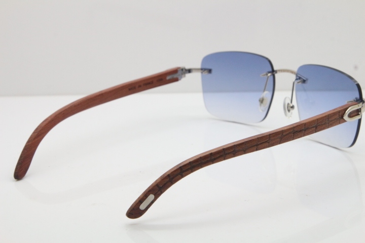 Cartier Rimless Original Carved Wood T8300816 Sunglasses in Gold Blue Lens Hot