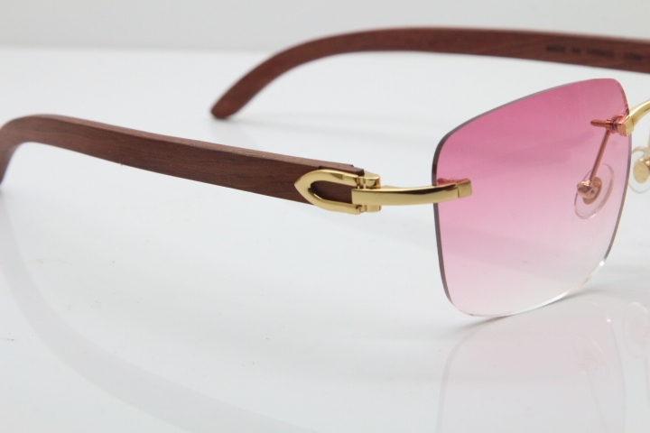 Cartier Rimless Original Wood T8300816 Sunglasses in Gold Pink Lens Hot