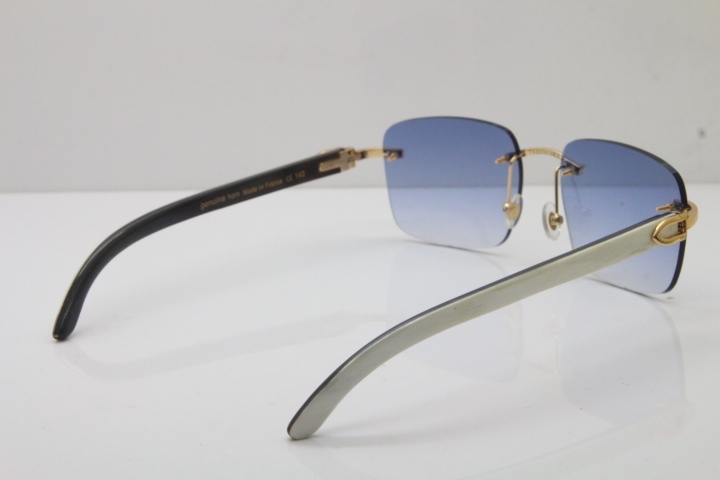 Cartier Rimless Original White Inside Black Buffalo Horn T8300816 Sunglasses in Gold Blue Lens Hot