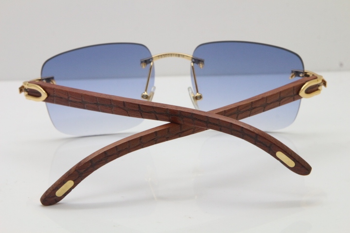 Cartier Rimless Original Carved Wood T8300816 Sunglasses in Gold Blue Lens Hot