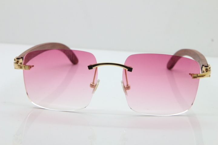 Cartier Rimless Original Wood T8300816 Sunglasses in Gold Pink Lens Hot