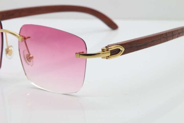 Cartier Rimless Original Carved Wood T8300816 Sunglasses in Gold Pink Lens Hot