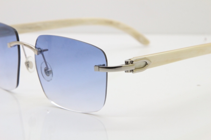 Cartier Rimless Original White Genuine Natural Horn T8300816 Sunglasses in Gold Blue Lens Hot