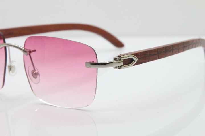 Cartier Rimless Original Carved Wood T8300816 Sunglasses in Gold Pink Lens Hot