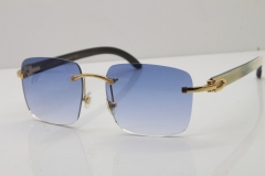 Cartier Rimless Original White Inside Black Buffalo Horn T8300816 Sunglasses in Gold Blue Lens Hot