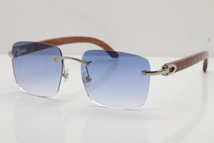 Cartier Rimless Original Carved Wood T8300816 Sunglasses in Gold Blue Lens Hot