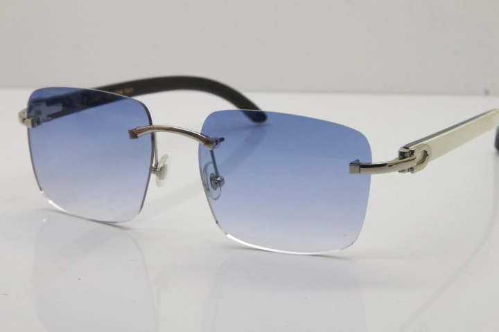 Cartier Rimless Original White Inside Black Buffalo Horn T8300816 Sunglasses in Gold Blue Lens Hot