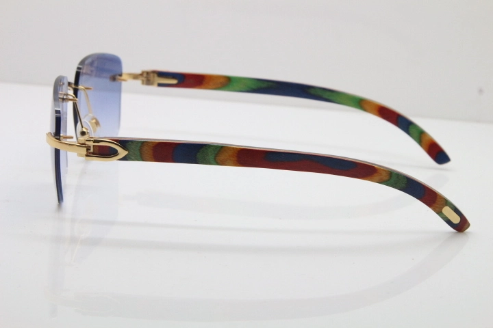 Cartier Rimless Original Peacock Wood T8300816 Sunglasses in Gold Blue Lens Ho