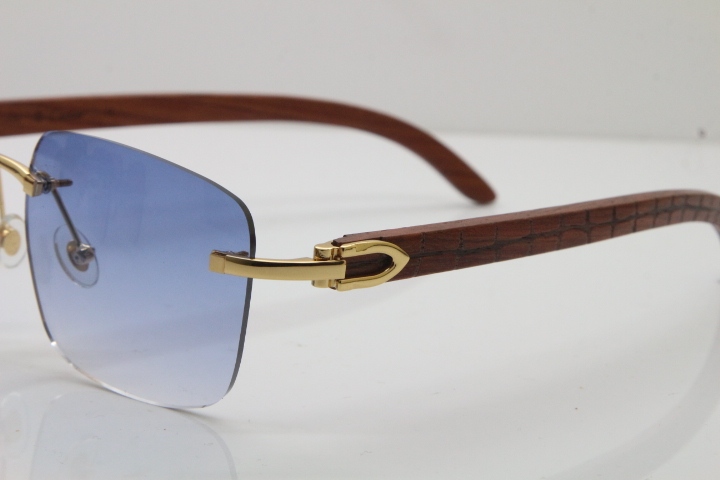 Cartier Rimless Original Carved Wood T8300816 Sunglasses in Gold Blue Lens Hot